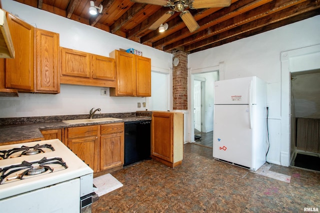 2211 N Bigelow St, Peoria, IL 61604 - kitchen with white appliances, a ceiling fan, dark countertops, beamed ceiling, and brown cabinetry