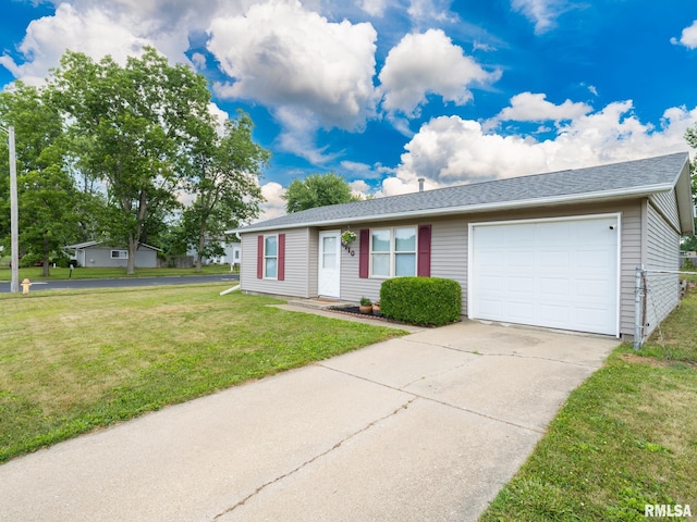 6110 N Idlewhile Dr, Peoria, IL 61614 - single story home with concrete driveway, an attached garage, and a front lawn