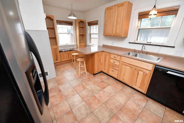 300 E Embert Pl, Peoria, IL 61603 - kitchen with black dishwasher, stainless steel fridge with ice dispenser, light brown cabinets, open shelves, and decorative light fixtures