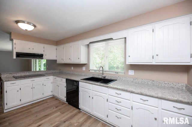470 E Hazelwood St, Morton, IL 61550 - kitchen featuring black appliances, under cabinet range hood, white cabinetry, light wood-style flooring, and plenty of natural light