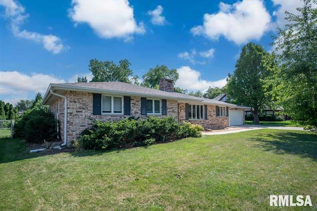 470 E Hazelwood St, Morton, IL 61550 - ranch-style house featuring a garage, concrete driveway, a chimney, and brick siding