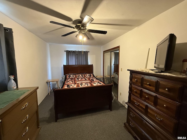 628 E Macarthur Ave, Lewistown, IL 61542 - bedroom with dark carpet, ceiling fan, and a closet