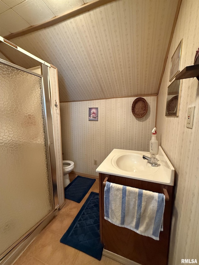 628 E Macarthur Ave, Lewistown, IL 61542 - bathroom featuring wallpapered walls, a shower stall, vanity, tile patterned floors, and lofted ceiling