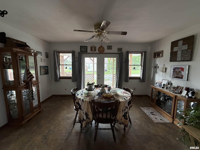 628 E Macarthur Ave, Lewistown, IL 61542 - dining area with french doors, healthy amount of natural light, ornamental molding, and a ceiling fan
