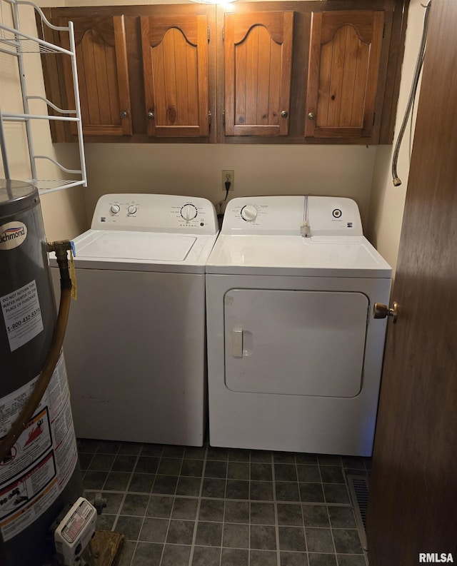 403 Koch St, Pekin, IL 61554 - laundry room with washing machine and clothes dryer, cabinet space, water heater, and dark tile patterned floors