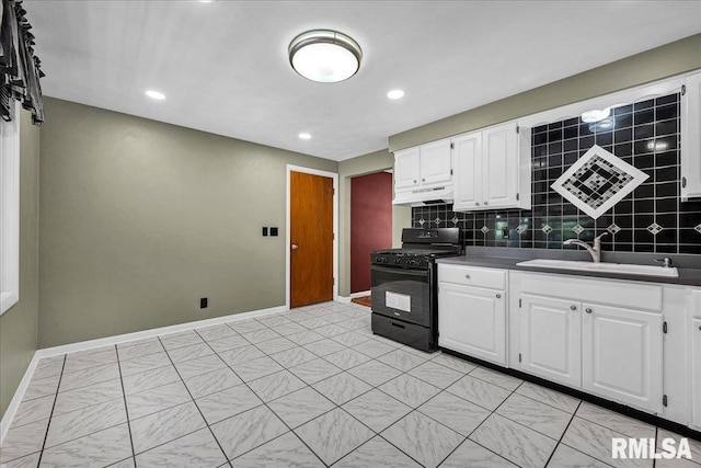303 W 3rd Ave, Deer Creek, IL 61733 - kitchen featuring black range with gas cooktop, tasteful backsplash, white cabinetry, dark countertops, and recessed lighting