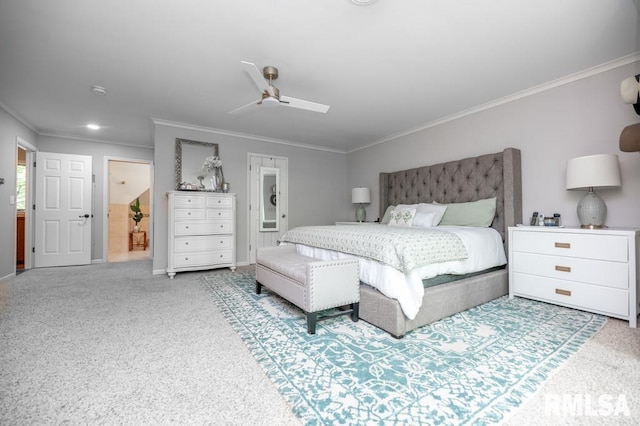 408 W Ravinwoods Rd, Peoria, IL 61615 - carpeted bedroom with ornamental molding, ensuite bathroom, and a ceiling fan