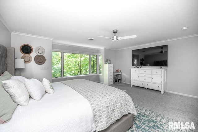 408 W Ravinwoods Rd, Peoria, IL 61615 - carpeted bedroom with crown molding and a ceiling fan