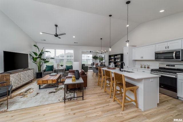 kitchen featuring appliances with stainless steel finishes, sink, light hardwood / wood-style floors, and a kitchen island with sink