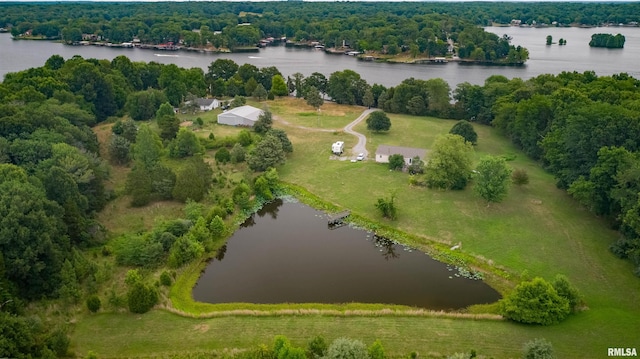 drone / aerial view with a water view