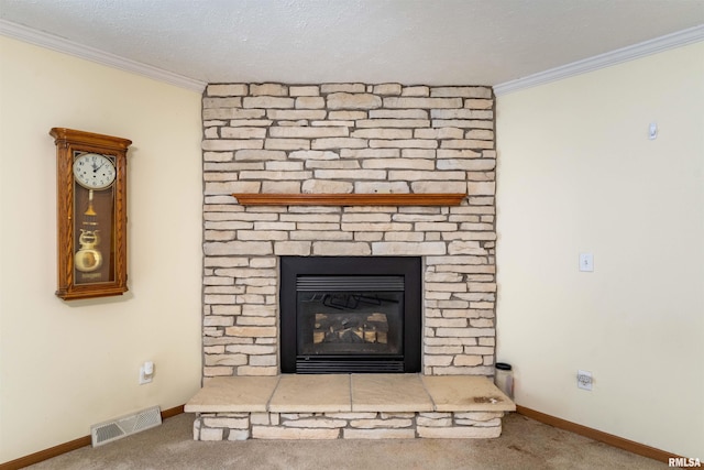 room details with crown molding, a stone fireplace, carpet floors, and a textured ceiling