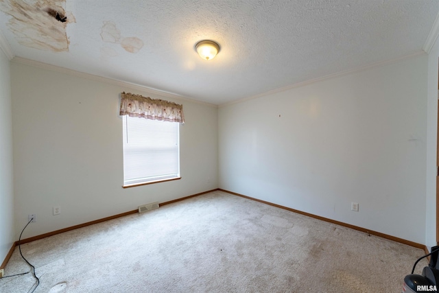 unfurnished room featuring crown molding, a textured ceiling, and light carpet