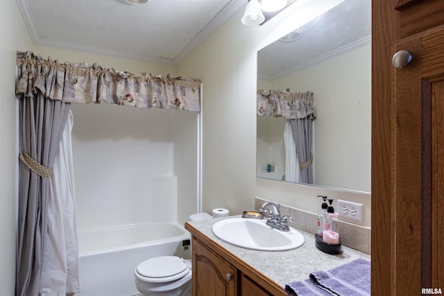 full bathroom with toilet, shower / bathtub combination with curtain, a textured ceiling, and vanity