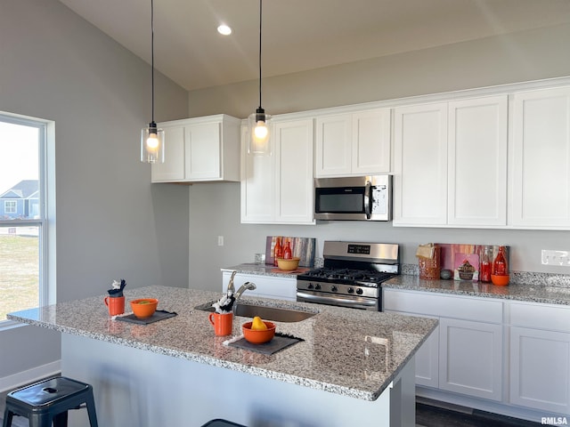 kitchen with appliances with stainless steel finishes, decorative light fixtures, a wealth of natural light, and sink