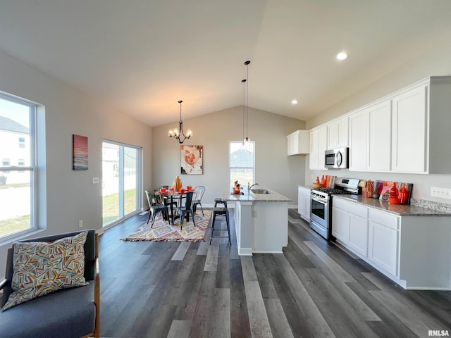 kitchen featuring a healthy amount of sunlight, white cabinetry, an island with sink, and stainless steel appliances