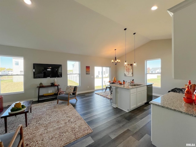 kitchen with white cabinets, dark hardwood / wood-style flooring, a wealth of natural light, and vaulted ceiling