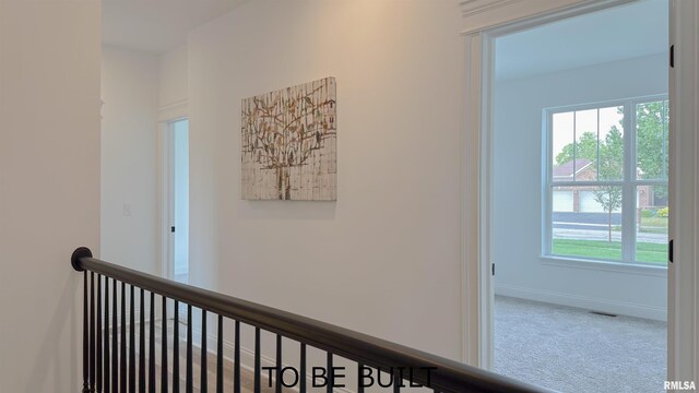 corridor with an upstairs landing, carpet, visible vents, and baseboards