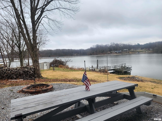 view of dock with an outdoor fire pit and a water view