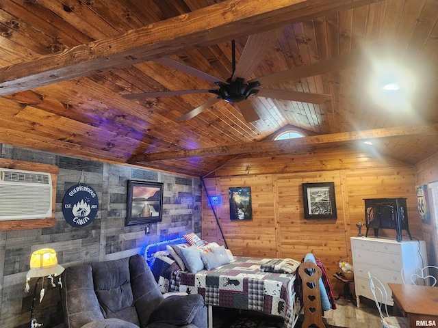 bedroom with wooden walls, lofted ceiling with beams, a wall unit AC, hardwood / wood-style floors, and wooden ceiling