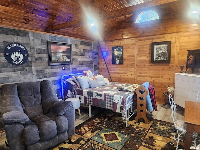 bedroom with lofted ceiling with beams, wood-type flooring, wood walls, and wood ceiling