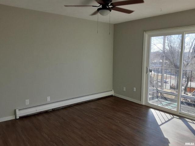 spare room featuring ceiling fan, a baseboard radiator, and dark hardwood / wood-style flooring