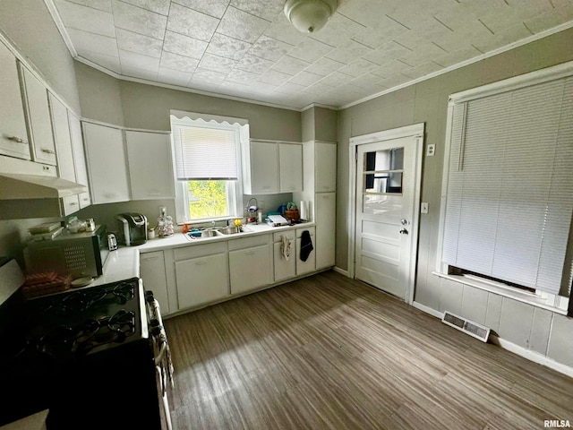 kitchen featuring light hardwood / wood-style floors, ornamental molding, stove, white cabinets, and sink