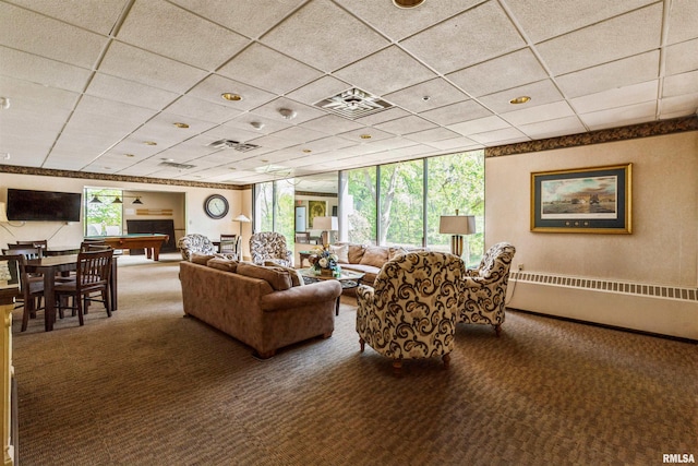 living room featuring a drop ceiling, pool table, and carpet flooring