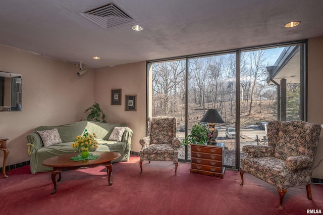 carpeted living room featuring expansive windows