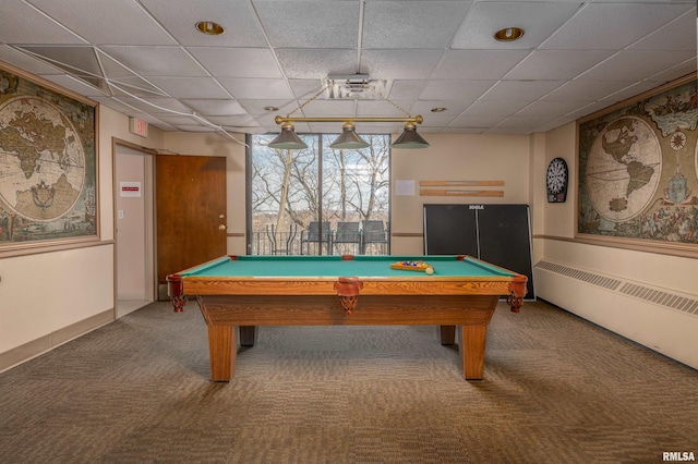 recreation room with a drop ceiling, radiator, billiards, and dark carpet