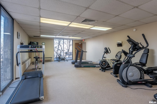 workout area featuring carpet and a paneled ceiling