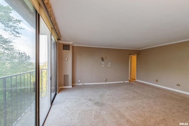 carpeted empty room featuring crown molding