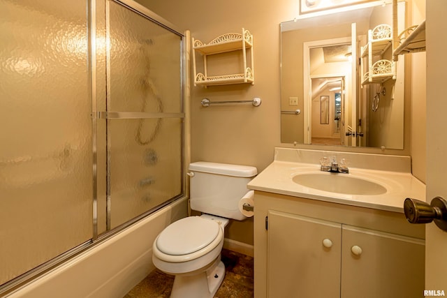 full bathroom with vanity, toilet, and enclosed tub / shower combo