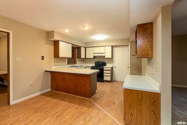 kitchen featuring light wood-type flooring, sink, kitchen peninsula, white cabinets, and black electric range