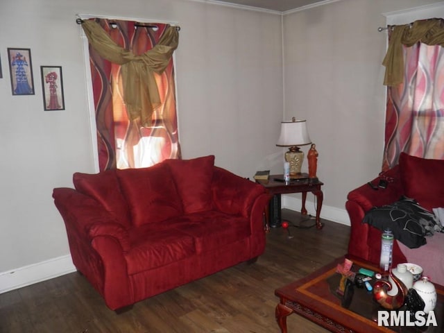 living room featuring wood finished floors and baseboards