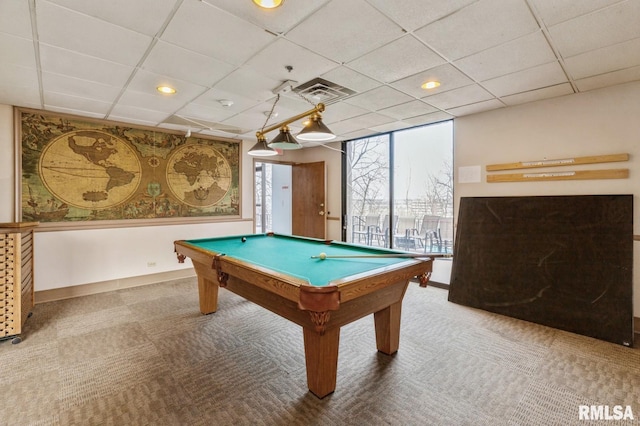 recreation room featuring pool table, carpet, and a paneled ceiling