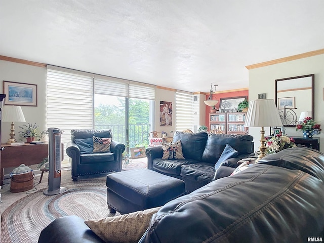 carpeted living room featuring ornamental molding