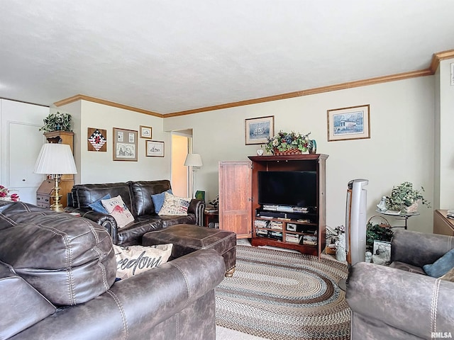 carpeted living room featuring crown molding