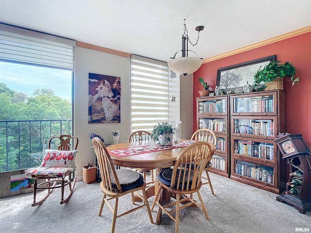 carpeted dining area with crown molding