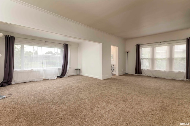 unfurnished living room with carpet floors, a healthy amount of sunlight, and crown molding