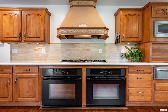 kitchen with stainless steel appliances, custom exhaust hood, and tasteful backsplash