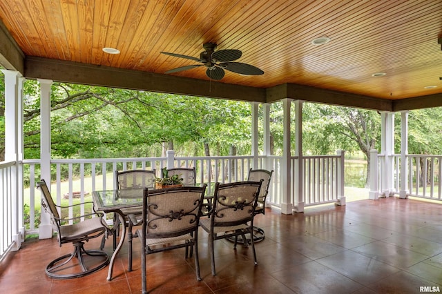 sunroom with wooden ceiling and ceiling fan