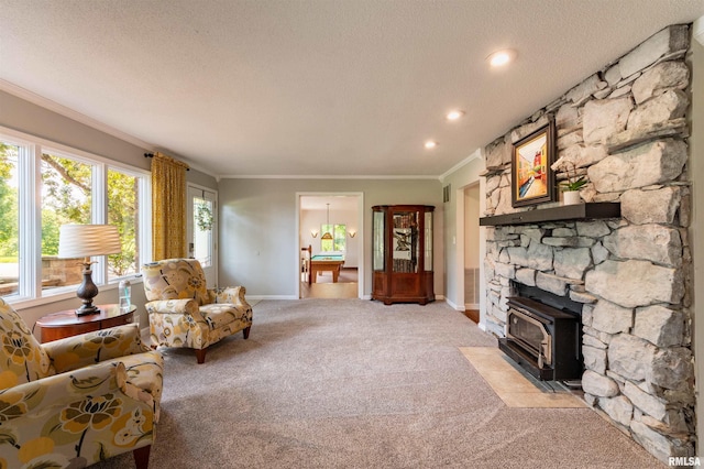 carpeted living room with crown molding and a textured ceiling