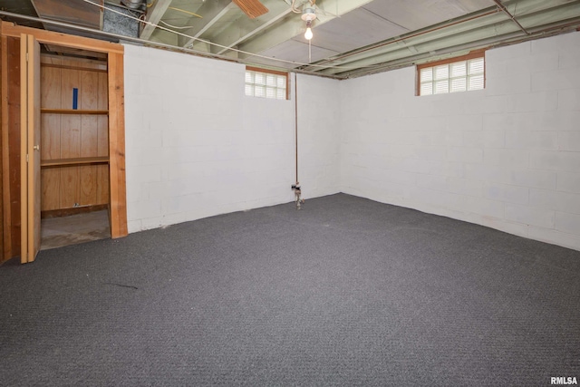 basement featuring carpet flooring