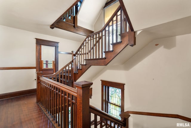 staircase with wood-type flooring