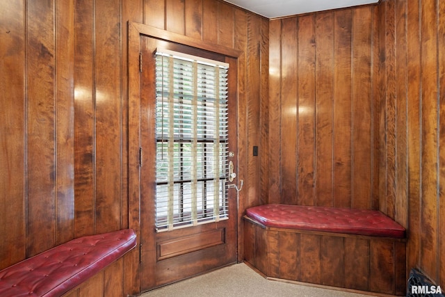 doorway with wood walls and carpet