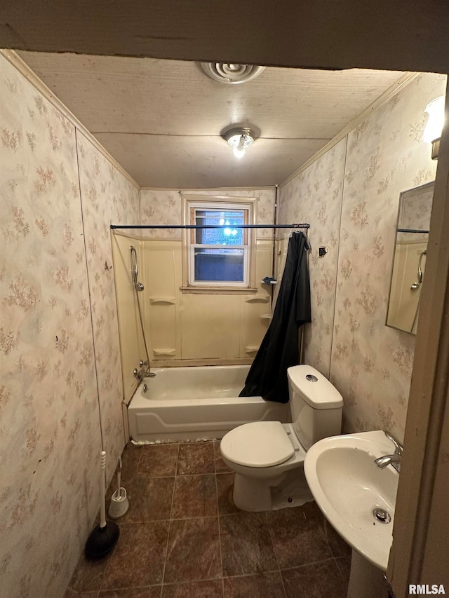 full bathroom with sink, tile patterned flooring, toilet, and shower / bath combination with curtain