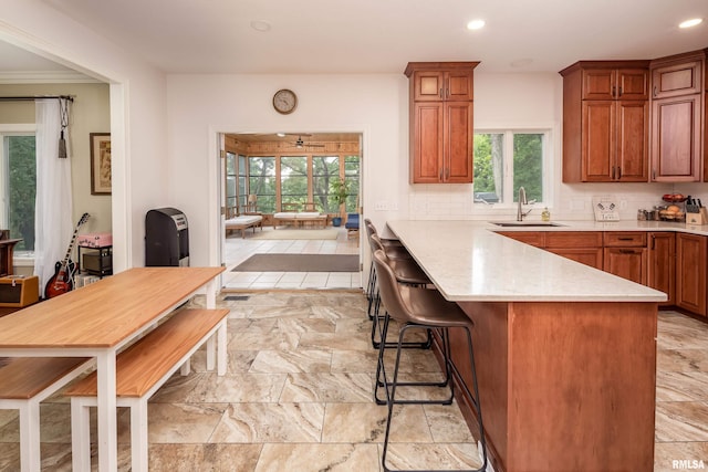 kitchen featuring a healthy amount of sunlight, kitchen peninsula, sink, and backsplash