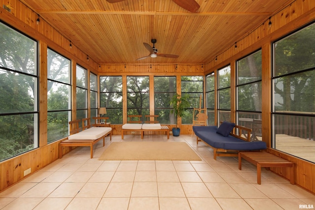 sunroom / solarium with wood ceiling, plenty of natural light, and ceiling fan