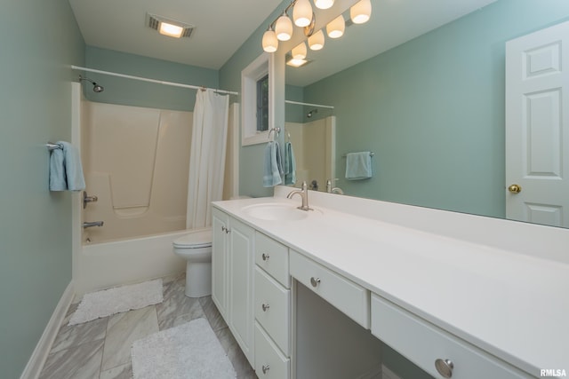 full bathroom with toilet, shower / tub combo, and vanity