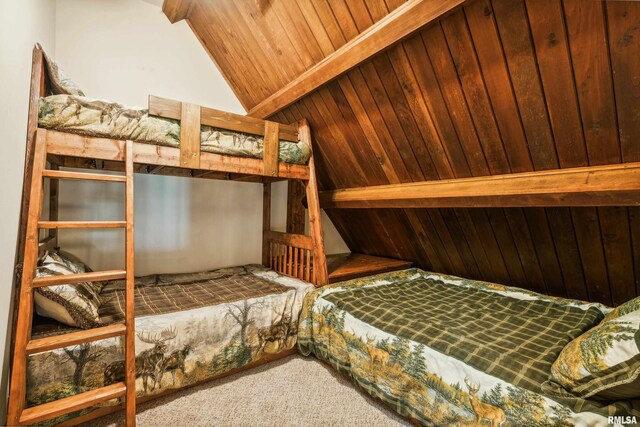 carpeted bedroom featuring wooden ceiling